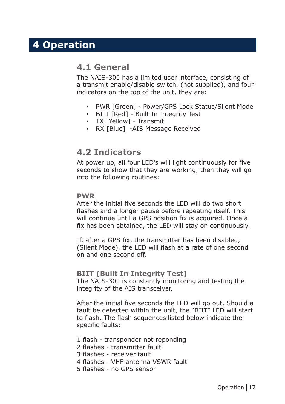 4 operation, 1 general, 2 indicators | Biit (built in integrity test), 2 installation,  indicators | NorthStar Navigation Class B Transceiver NAIS-300 User Manual | Page 17 / 24