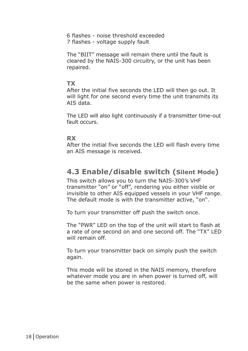 3 enable/disable switch (silent mode),  enable/disable switch (silent mode), 3 enable/disable switch | NorthStar Navigation Class B Transceiver NAIS-300 User Manual | Page 18 / 24