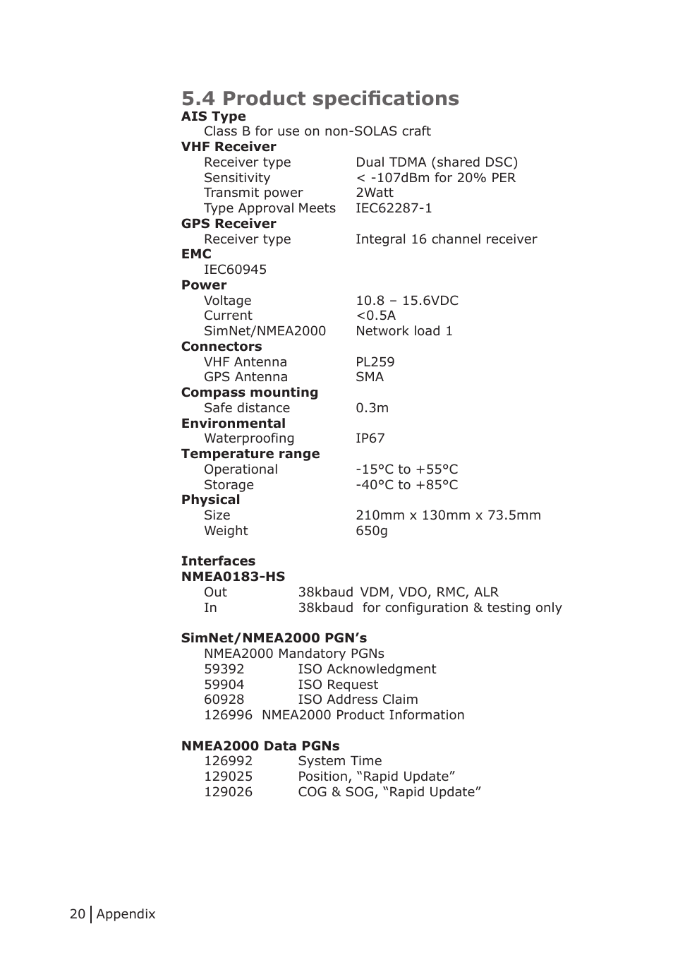 4 product specifications | NorthStar Navigation Class B Transceiver NAIS-300 User Manual | Page 20 / 24