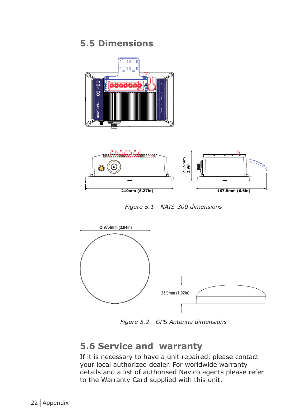 5 dimensions, 6 service and warranty, Appendix | NorthStar Navigation Class B Transceiver NAIS-300 User Manual | Page 22 / 24