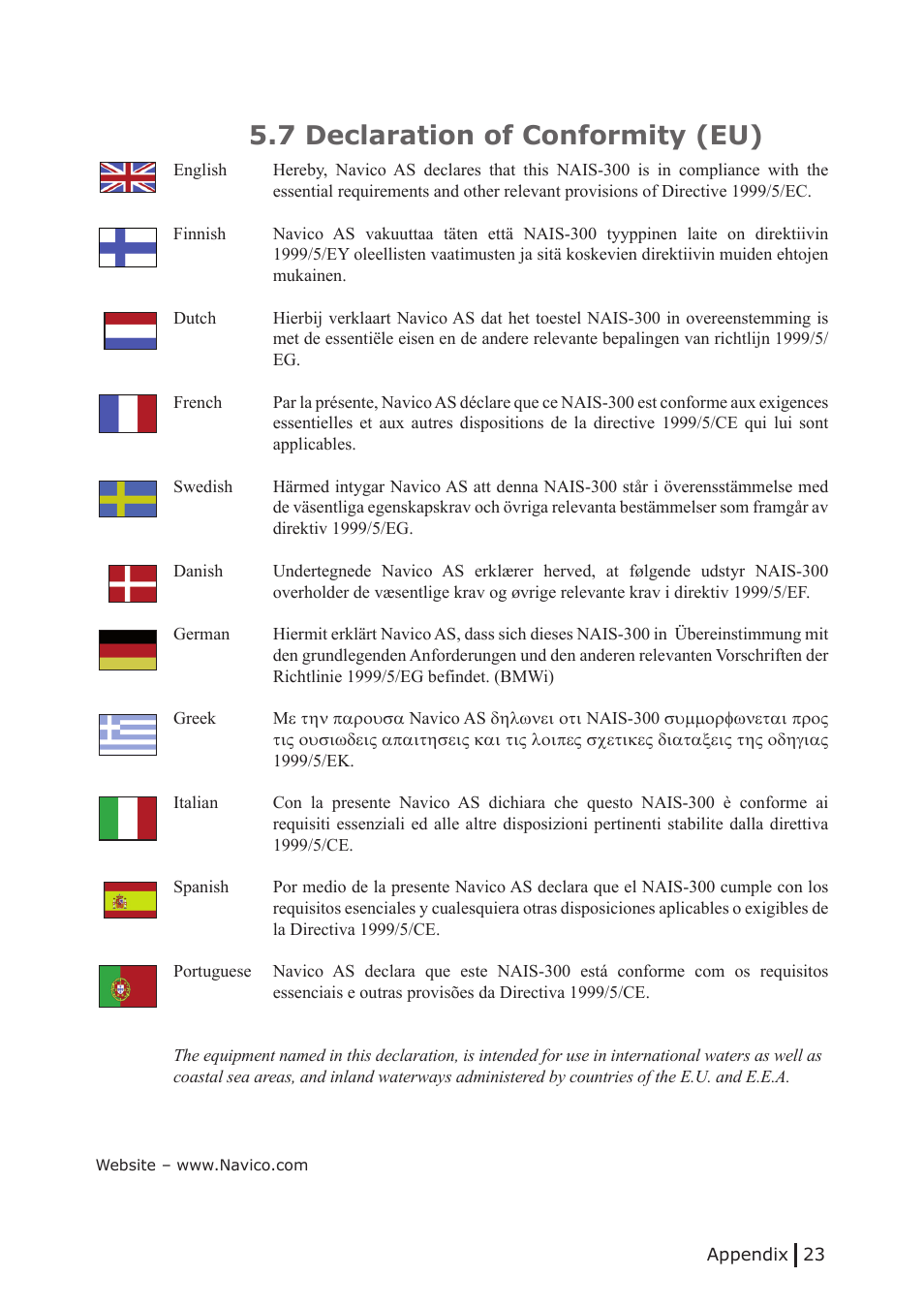 7 declaration of conformity (eu) | NorthStar Navigation Class B Transceiver NAIS-300 User Manual | Page 23 / 24