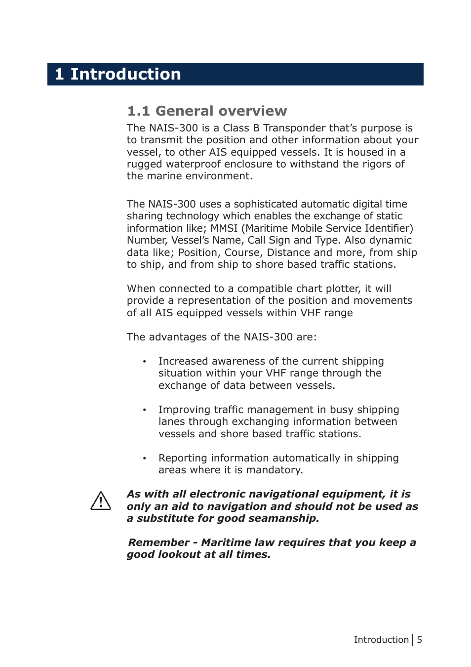 1 introduction, 1 general overview | NorthStar Navigation Class B Transceiver NAIS-300 User Manual | Page 5 / 24