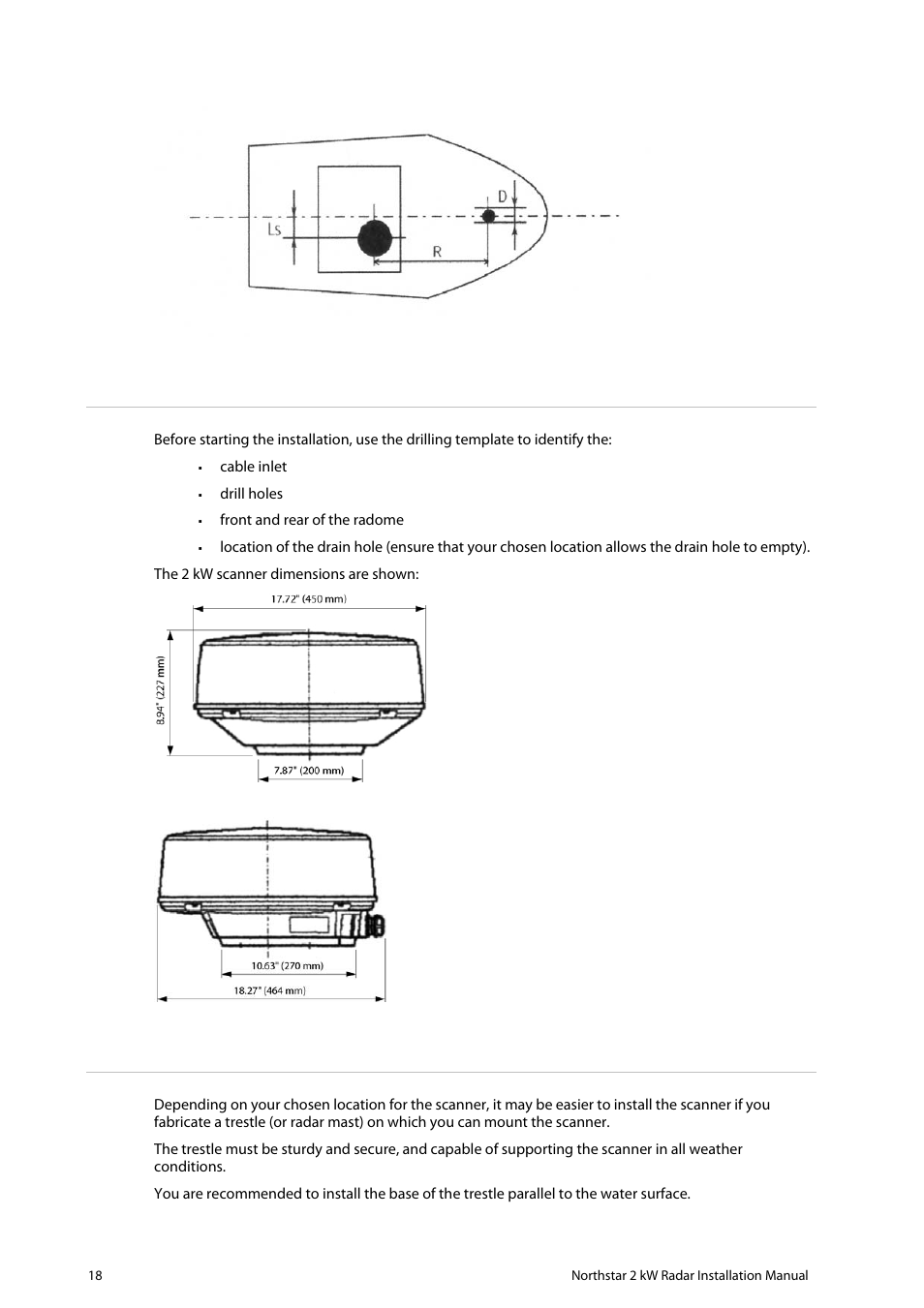 5 2 kw scanner dimensions, 6 install a scanner on a trestle | NorthStar Navigation Northstar 2 kW User Manual | Page 18 / 52