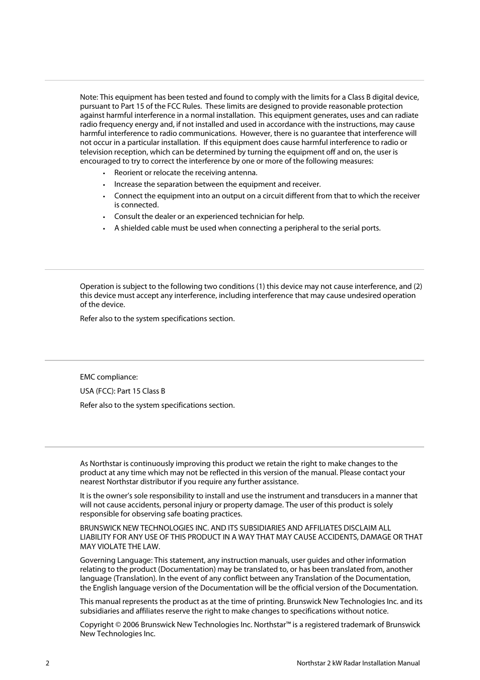 Fcc statement, Industry canada, Compliance statement | Disclaimer | NorthStar Navigation Northstar 2 kW User Manual | Page 2 / 52
