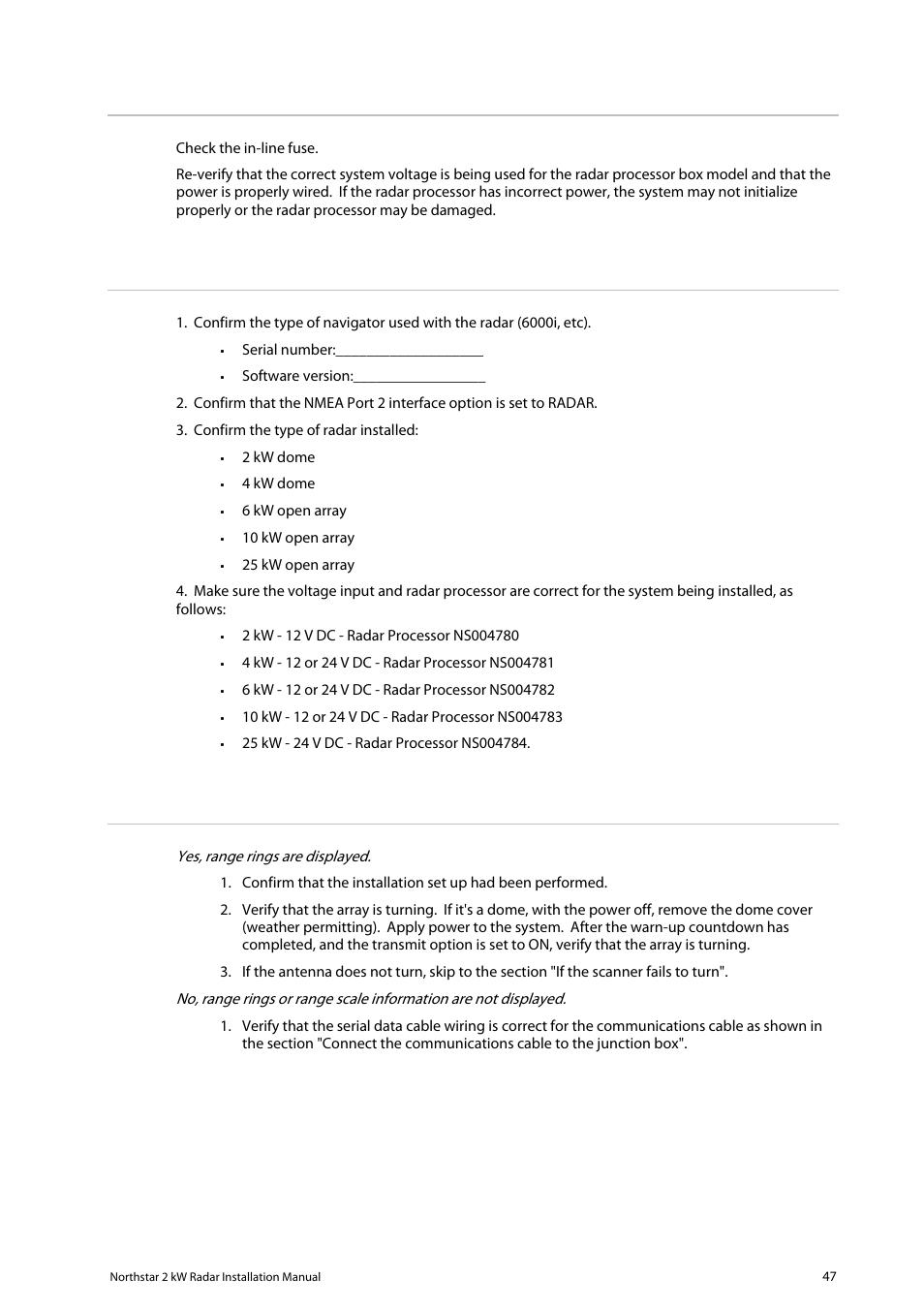 6 confirm the equipment installed, 7 are range rings displayed | NorthStar Navigation Northstar 2 kW User Manual | Page 47 / 52