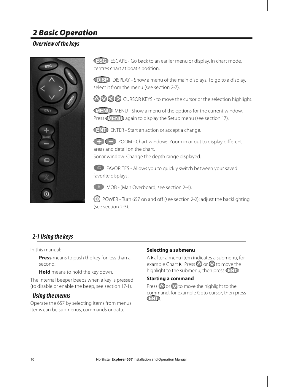 2 basic operation, Overview of the keys 2-1 using the keys, Using the menus | NorthStar Navigation EXPLORER 657 User Manual | Page 10 / 92