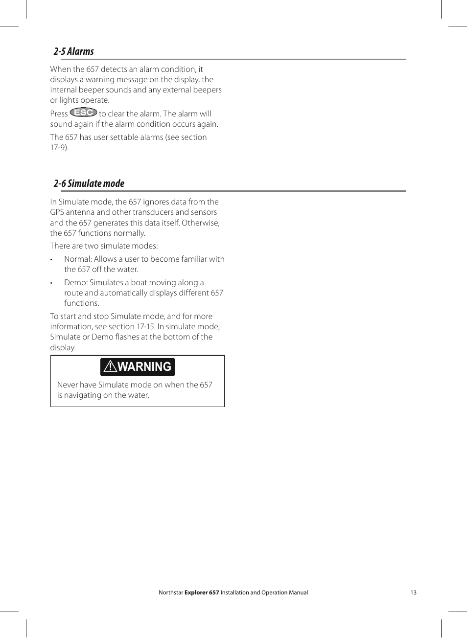 Warning, 6 simulate mode, 5 alarms | NorthStar Navigation EXPLORER 657 User Manual | Page 13 / 92