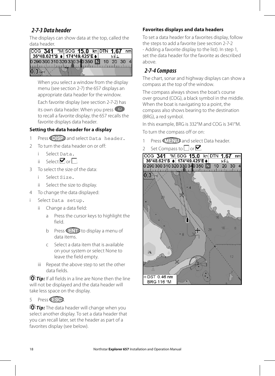 7-3 data header, 7-4 compass | NorthStar Navigation EXPLORER 657 User Manual | Page 18 / 92