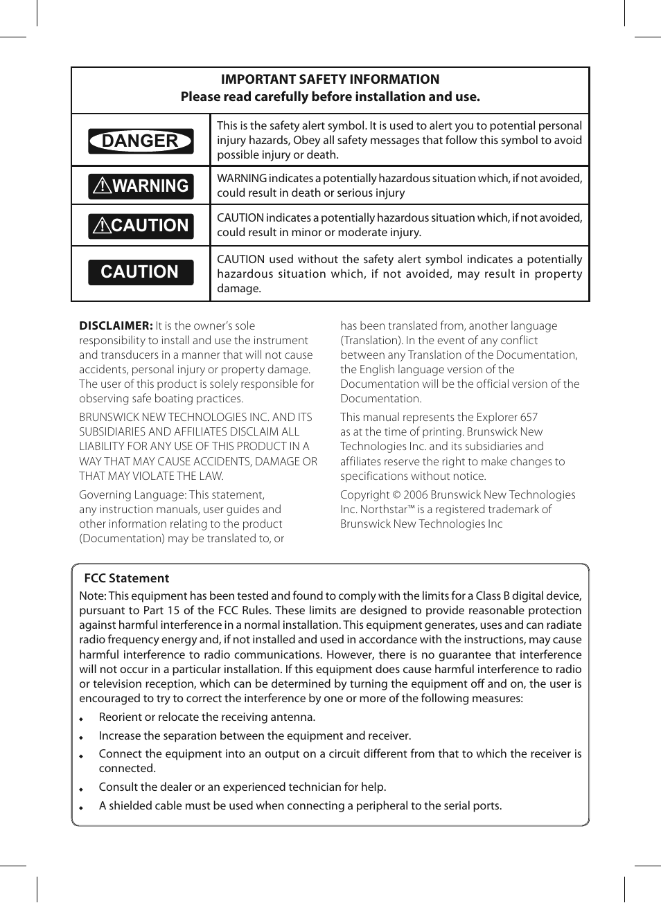 Danger, Warning, Caution | NorthStar Navigation EXPLORER 657 User Manual | Page 2 / 92