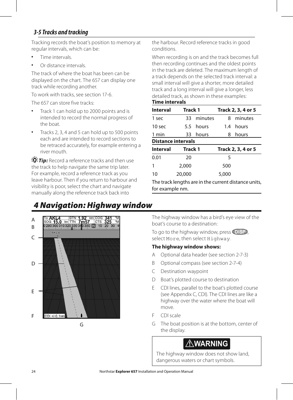 4 navigation: highway window, Warning, 5 tracks and tracking | NorthStar Navigation EXPLORER 657 User Manual | Page 24 / 92