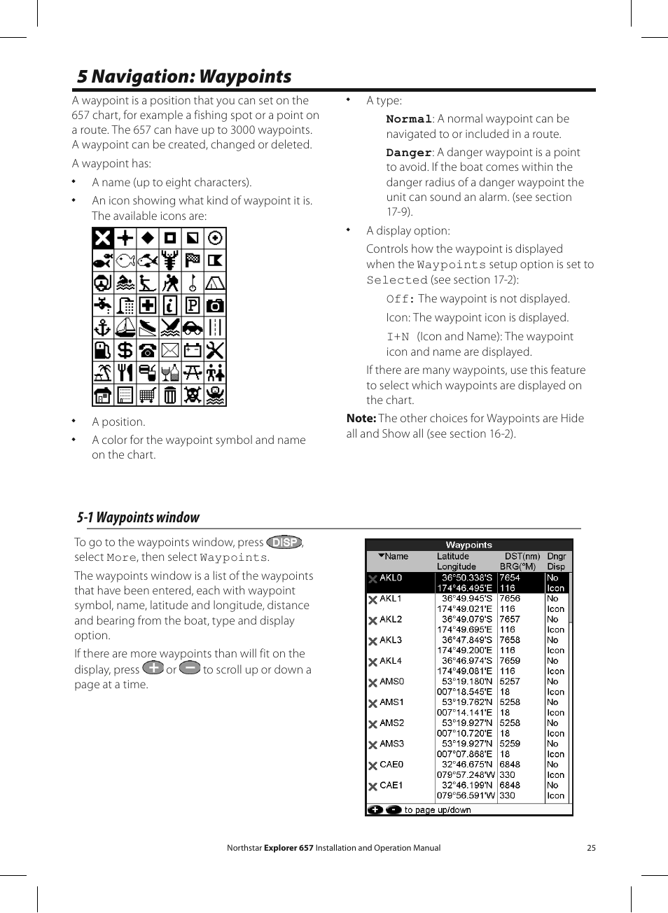 5 navigation: waypoints, 1 waypoints window | NorthStar Navigation EXPLORER 657 User Manual | Page 25 / 92