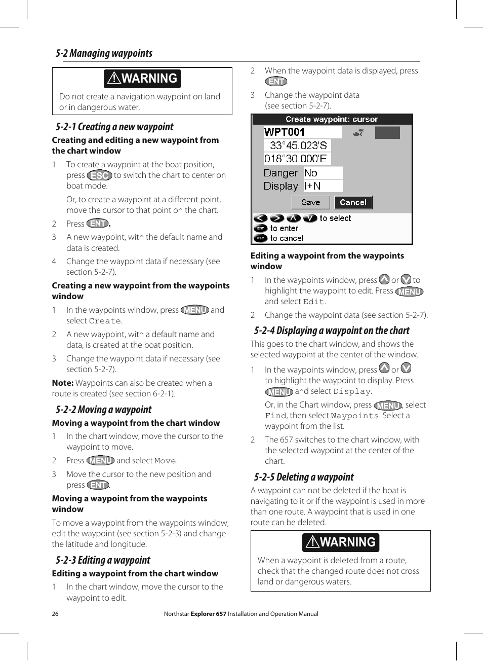 Warning, 2-1 creating a new waypoint, 2-2 moving a waypoint | 2-3 editing a waypoint, 2-4 displaying a waypoint on the chart, 2-5 deleting a waypoint, 2 managing waypoints | NorthStar Navigation EXPLORER 657 User Manual | Page 26 / 92