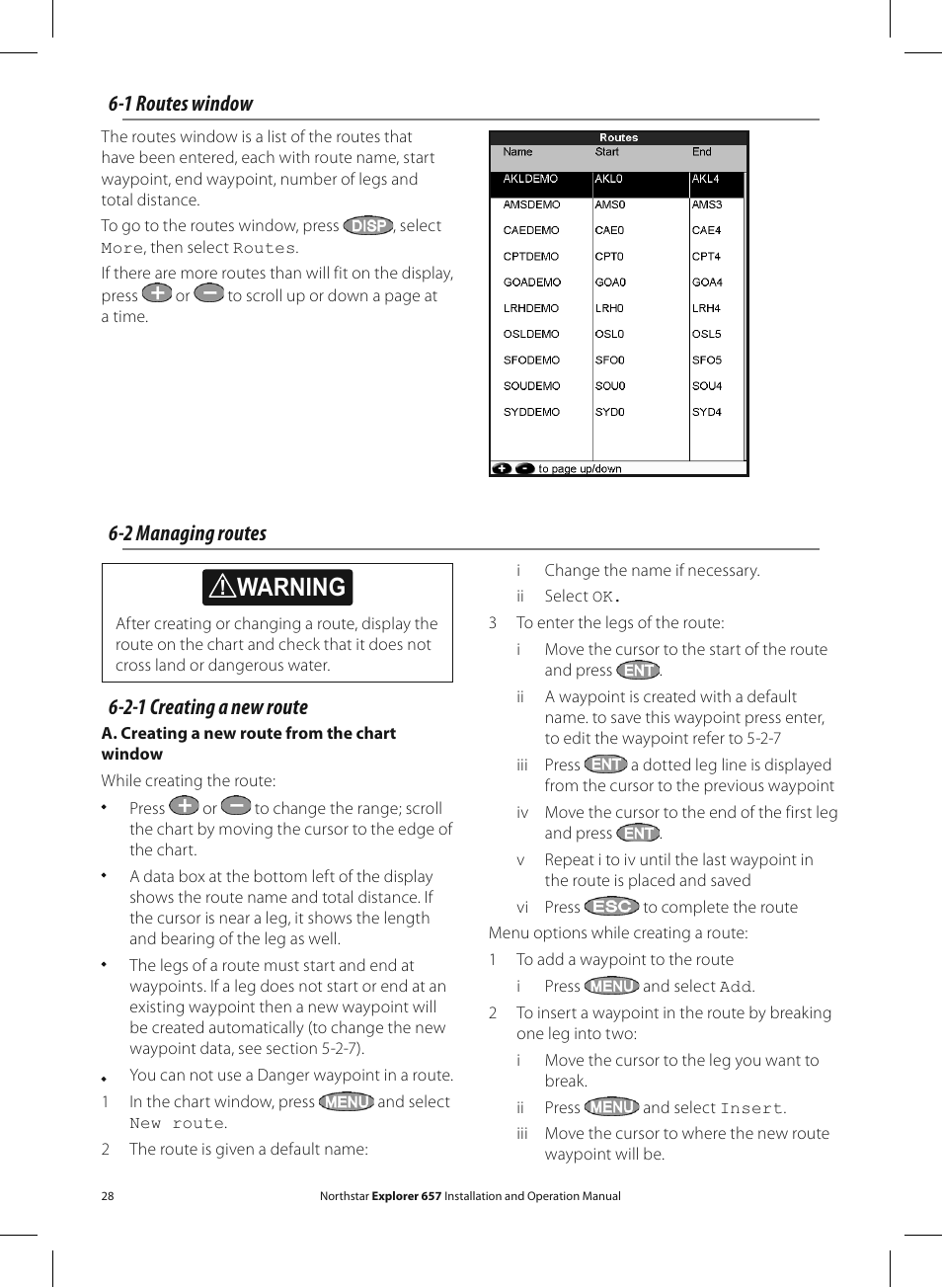 Warning, 1 routes window, 2-1 creating a new route | 2 managing routes | NorthStar Navigation EXPLORER 657 User Manual | Page 28 / 92