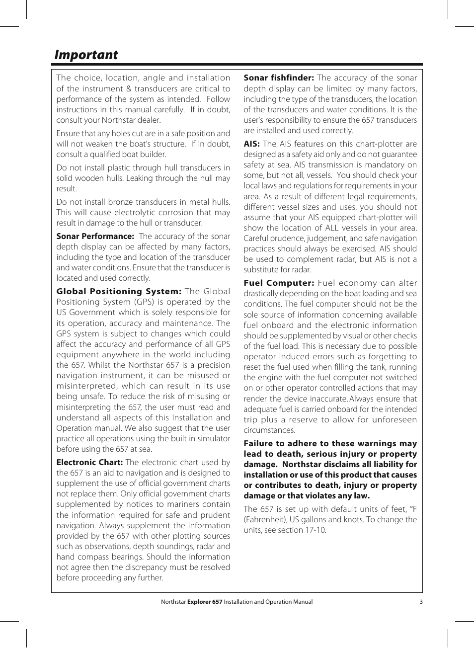 Important | NorthStar Navigation EXPLORER 657 User Manual | Page 3 / 92