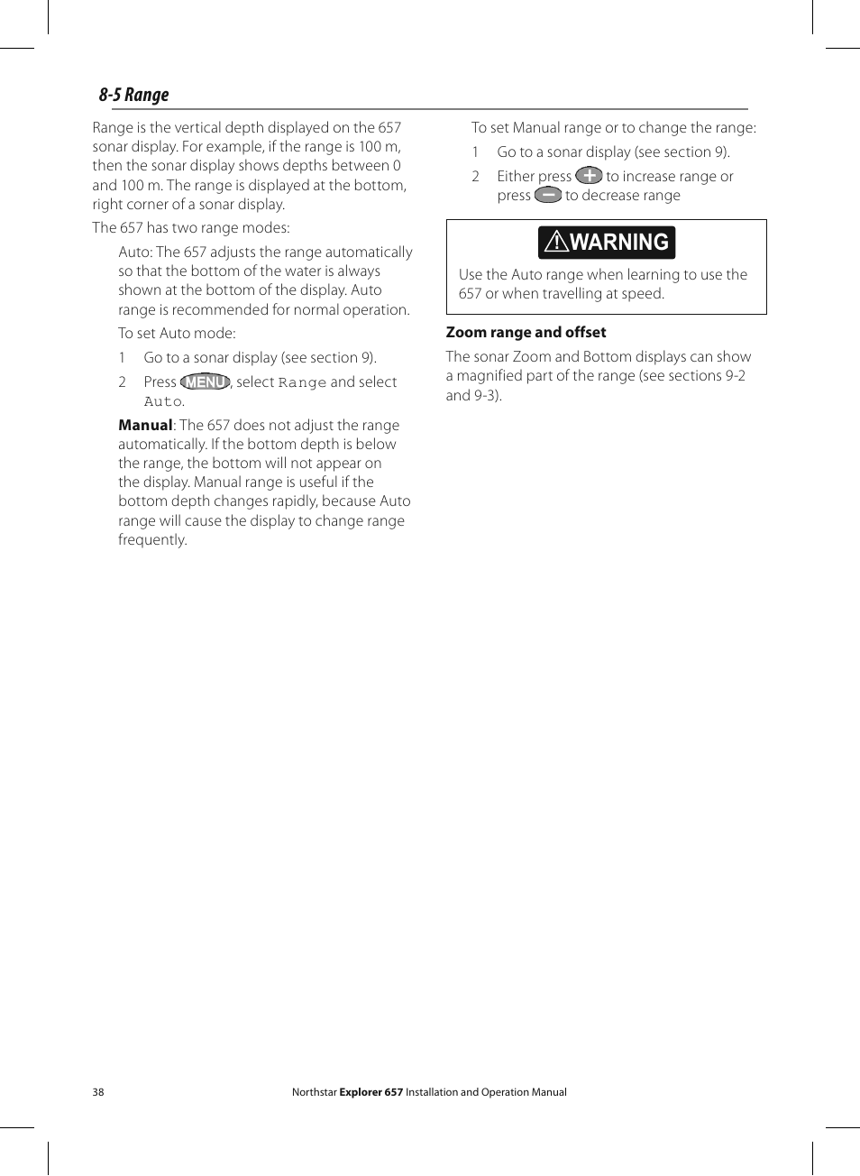 Warning, 5 range | NorthStar Navigation EXPLORER 657 User Manual | Page 38 / 92