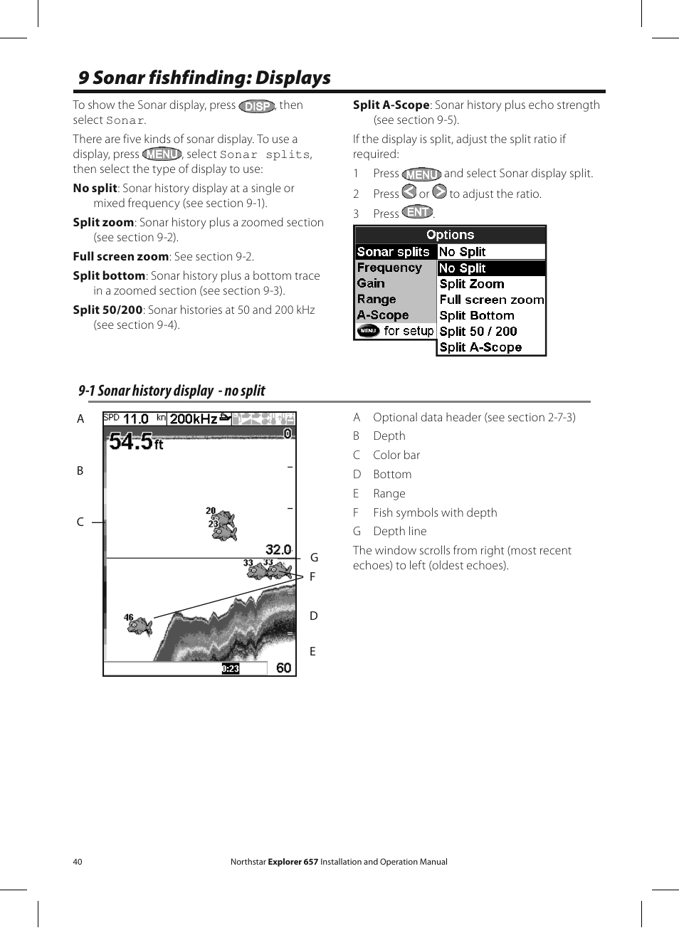 9 sonar fishfinding: displays, 1 sonar history display - no split | NorthStar Navigation EXPLORER 657 User Manual | Page 40 / 92