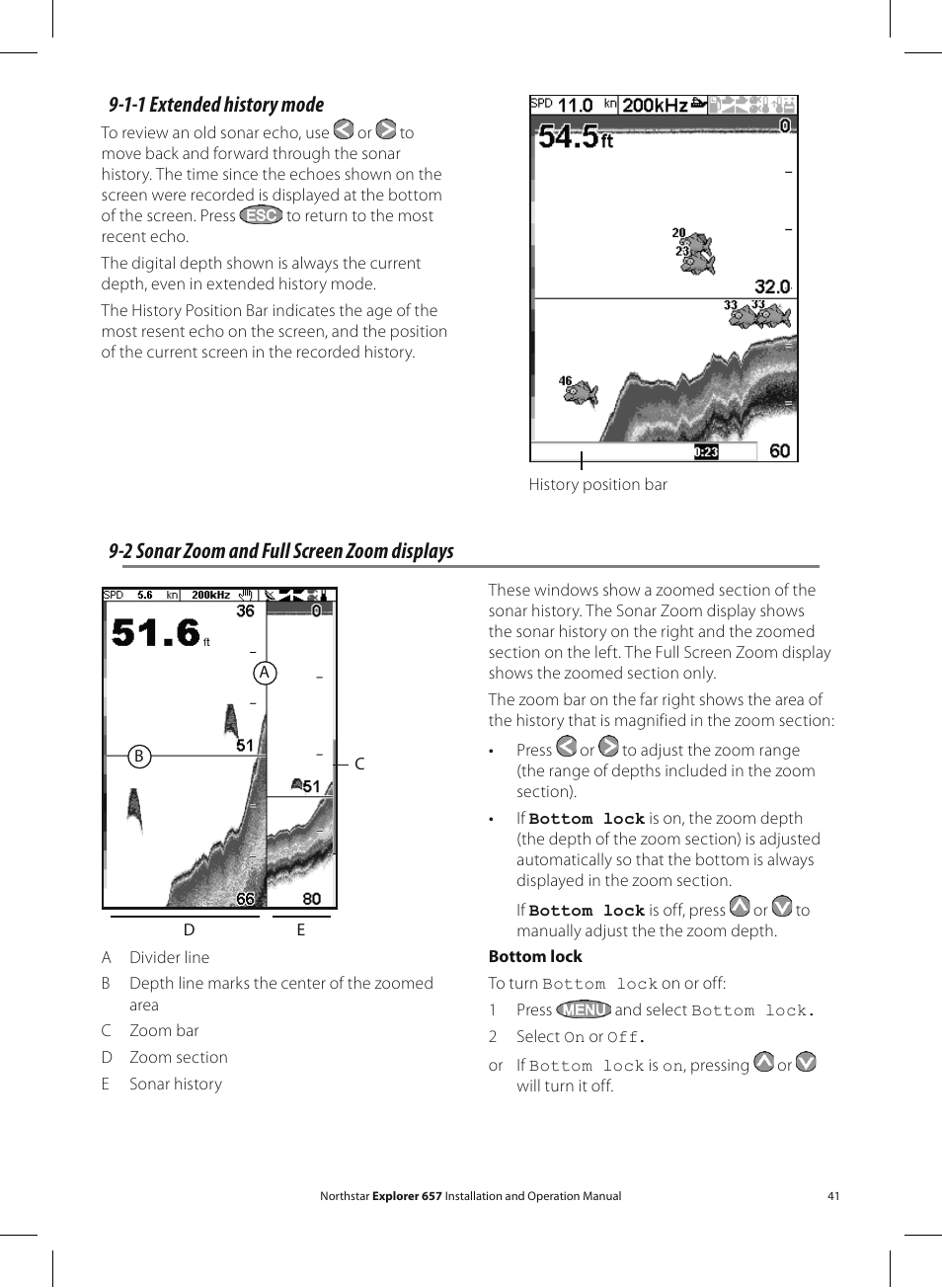 1-1 extended history mode, 2 sonar zoom and full screen zoom displays | NorthStar Navigation EXPLORER 657 User Manual | Page 41 / 92