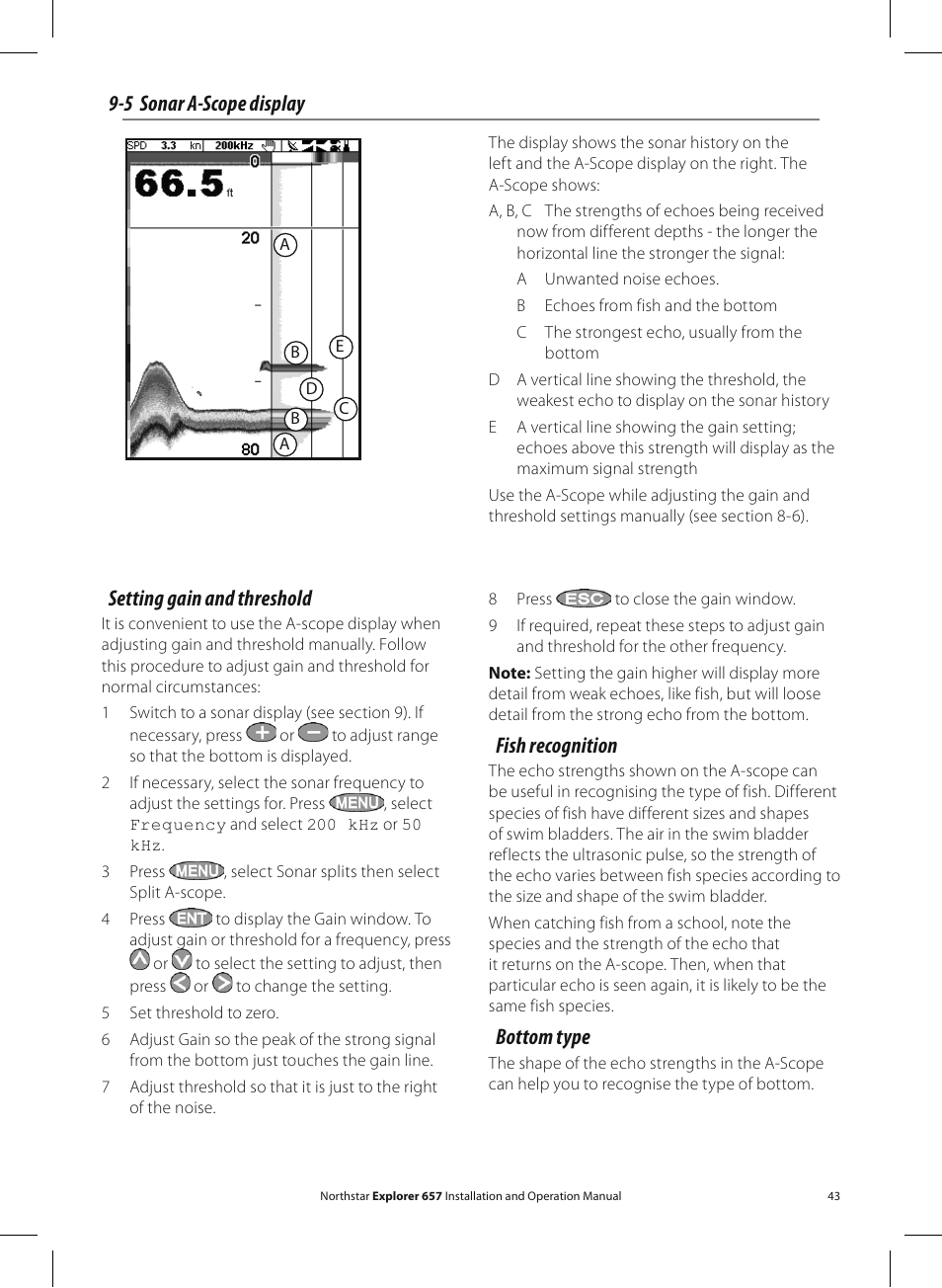 5 sonar a-scope display, Setting gain and threshold, Fish recognition | Bottom type | NorthStar Navigation EXPLORER 657 User Manual | Page 43 / 92