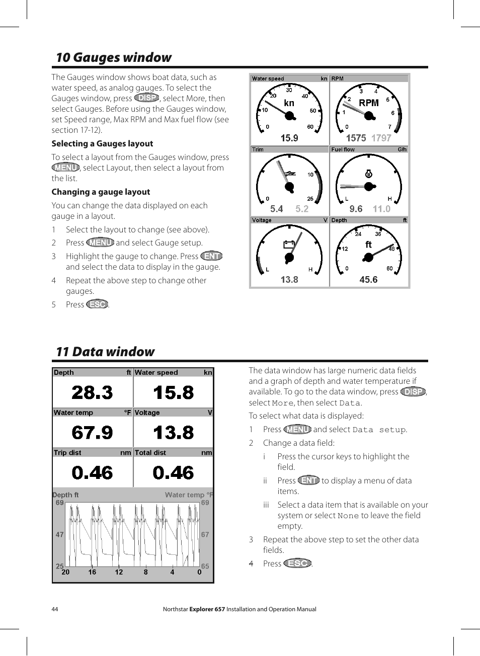 10 gauges window, 11 data window | NorthStar Navigation EXPLORER 657 User Manual | Page 44 / 92