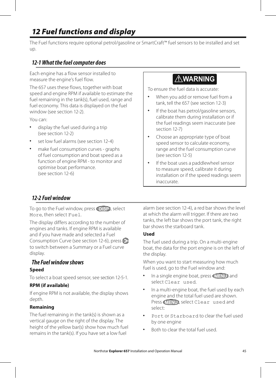 12 fuel functions and display, Warning, 1 what the fuel computer does | 2 fuel window, The fuel window shows | NorthStar Navigation EXPLORER 657 User Manual | Page 45 / 92