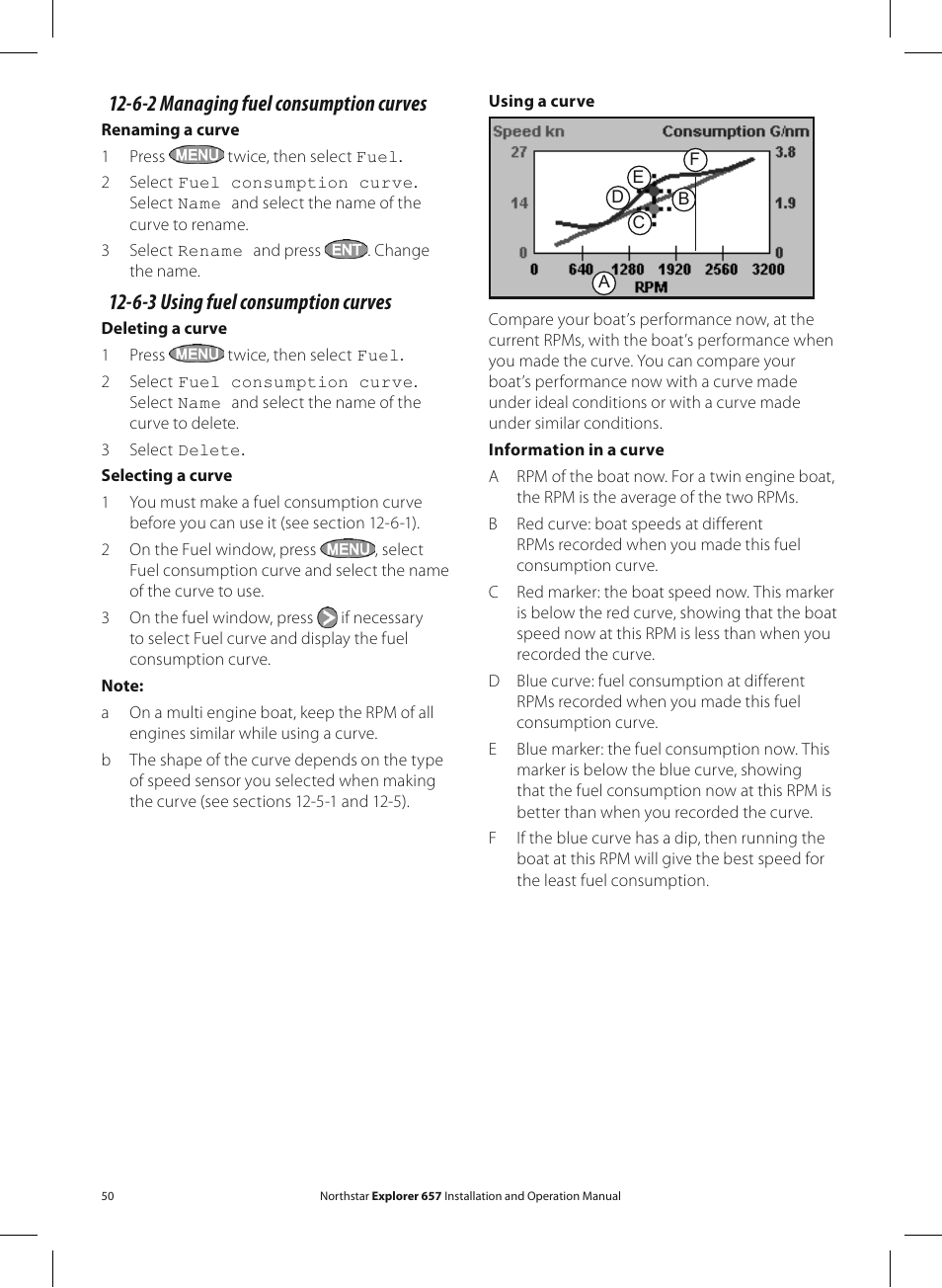 6-2 managing fuel consumption curves, 6-3 using fuel consumption curves | NorthStar Navigation EXPLORER 657 User Manual | Page 50 / 92