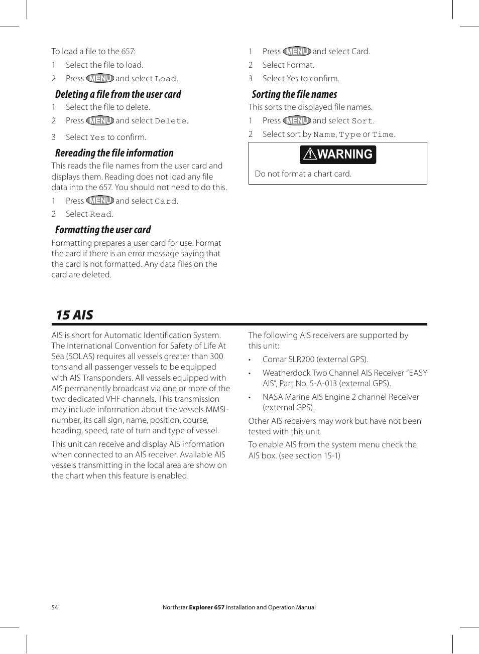 15 ais, Warning, Deleting a file from the user card | Rereading the file information, Formatting the user card, Sorting the file names | NorthStar Navigation EXPLORER 657 User Manual | Page 54 / 92