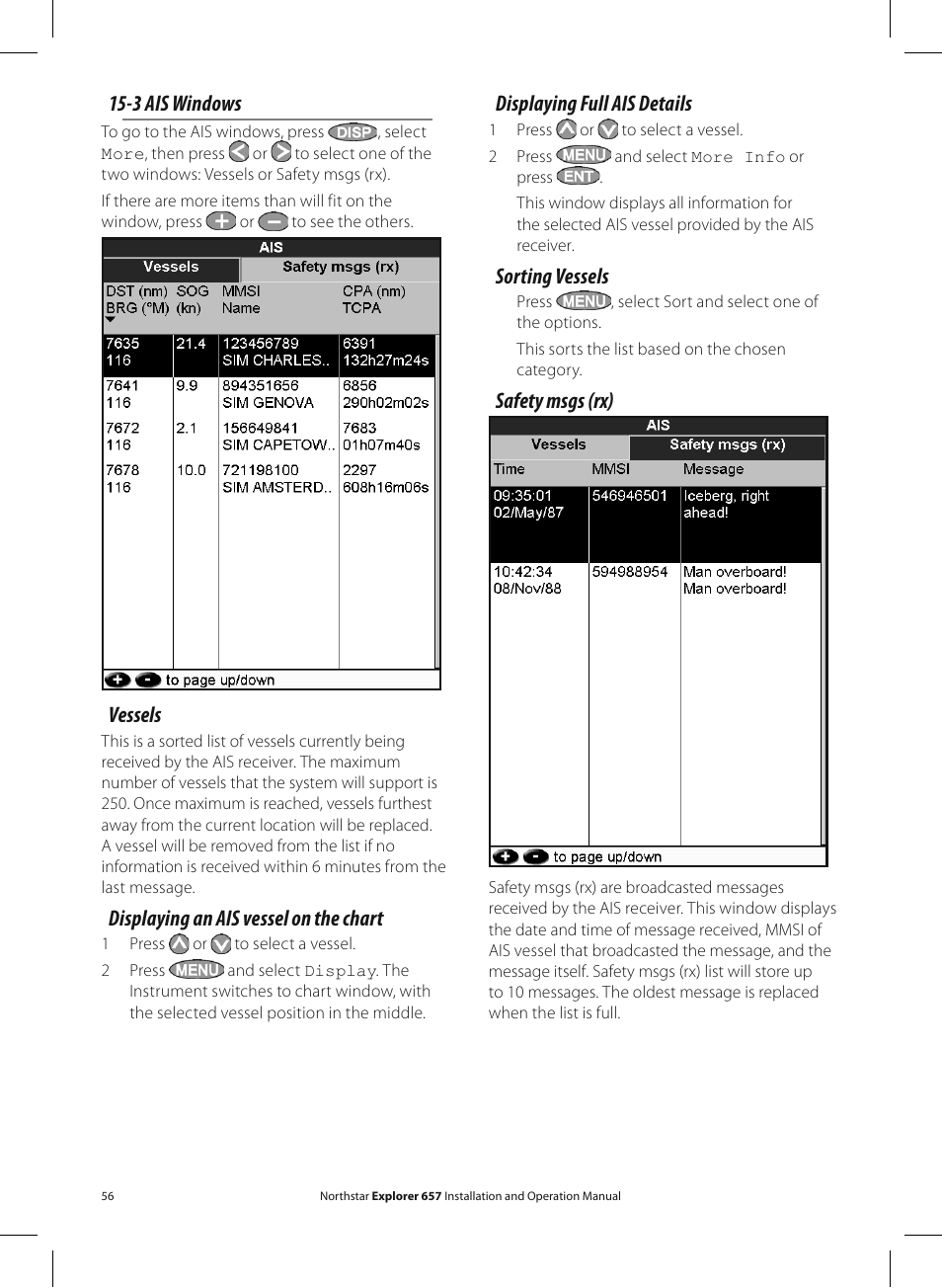 3 ais windows, Vessels, Displaying an ais vessel on the chart | Displaying full ais details, Sorting vessels, Safety msgs (rx) | NorthStar Navigation EXPLORER 657 User Manual | Page 56 / 92