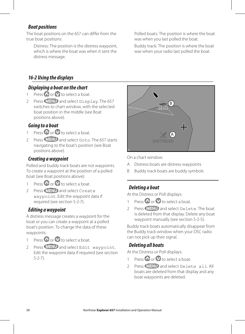 Displaying a boat on the chart, Going to a boat, Creating a waypoint | Editing a waypoint, Deleting a boat, Deleting all boats, 2 using the displays, Boat positions | NorthStar Navigation EXPLORER 657 User Manual | Page 58 / 92