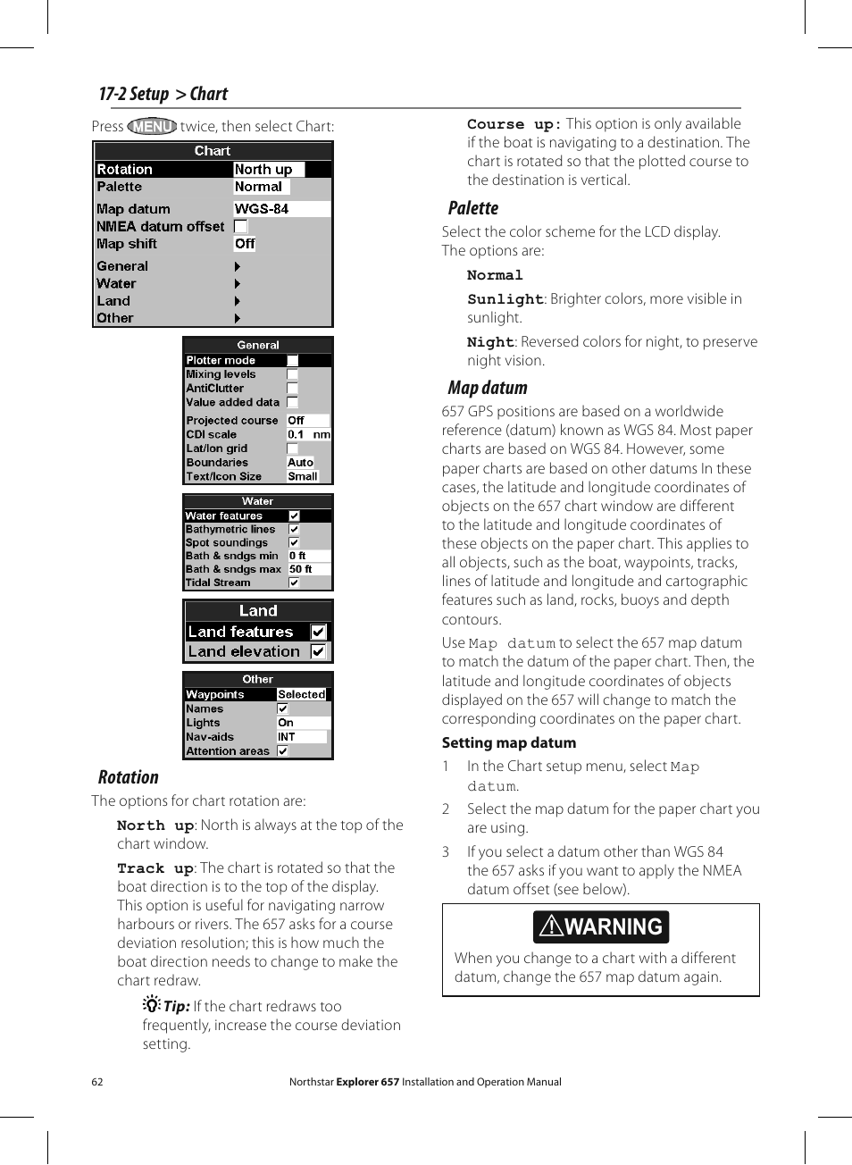 Warning, Rotation, 2 setup > chart | Palette, Map datum | NorthStar Navigation EXPLORER 657 User Manual | Page 62 / 92