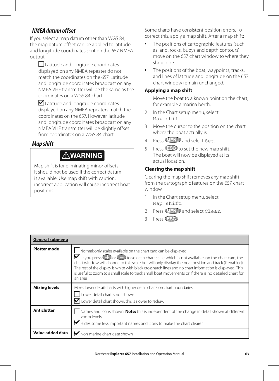Warning, Nmea datum offset, Map shift | NorthStar Navigation EXPLORER 657 User Manual | Page 63 / 92