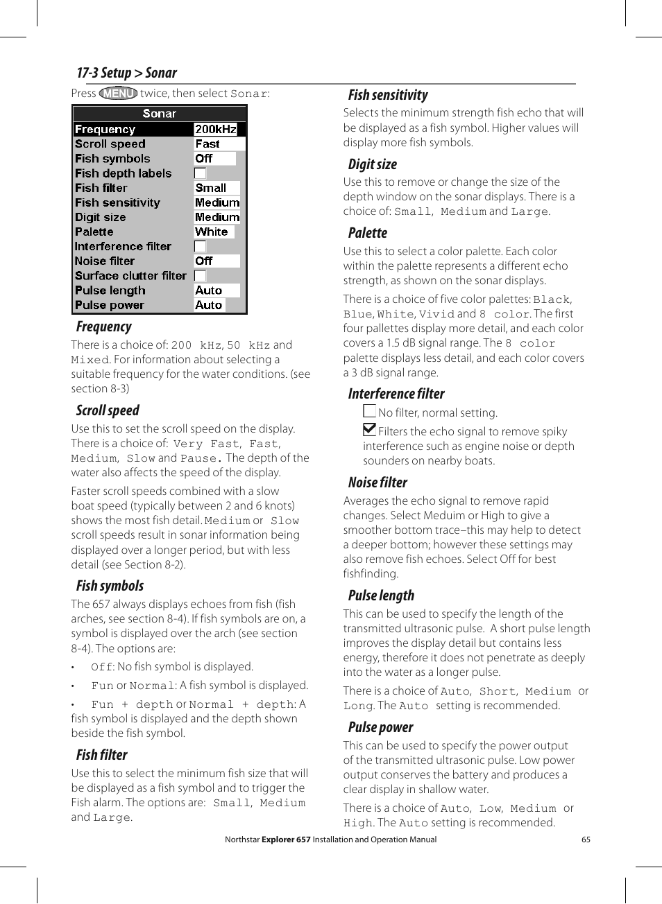 Frequency, Scroll speed, Fish symbols | Fish filter, 3 setup > sonar fish sensitivity, Digit size, Palette, Interference filter, Noise filter, Pulse length | NorthStar Navigation EXPLORER 657 User Manual | Page 65 / 92