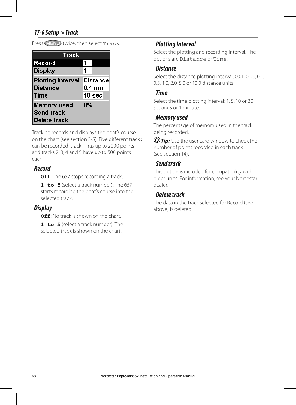 6 setup > track, Record, Display | Plotting interval, Distance, Time, Send track, Delete track | NorthStar Navigation EXPLORER 657 User Manual | Page 68 / 92