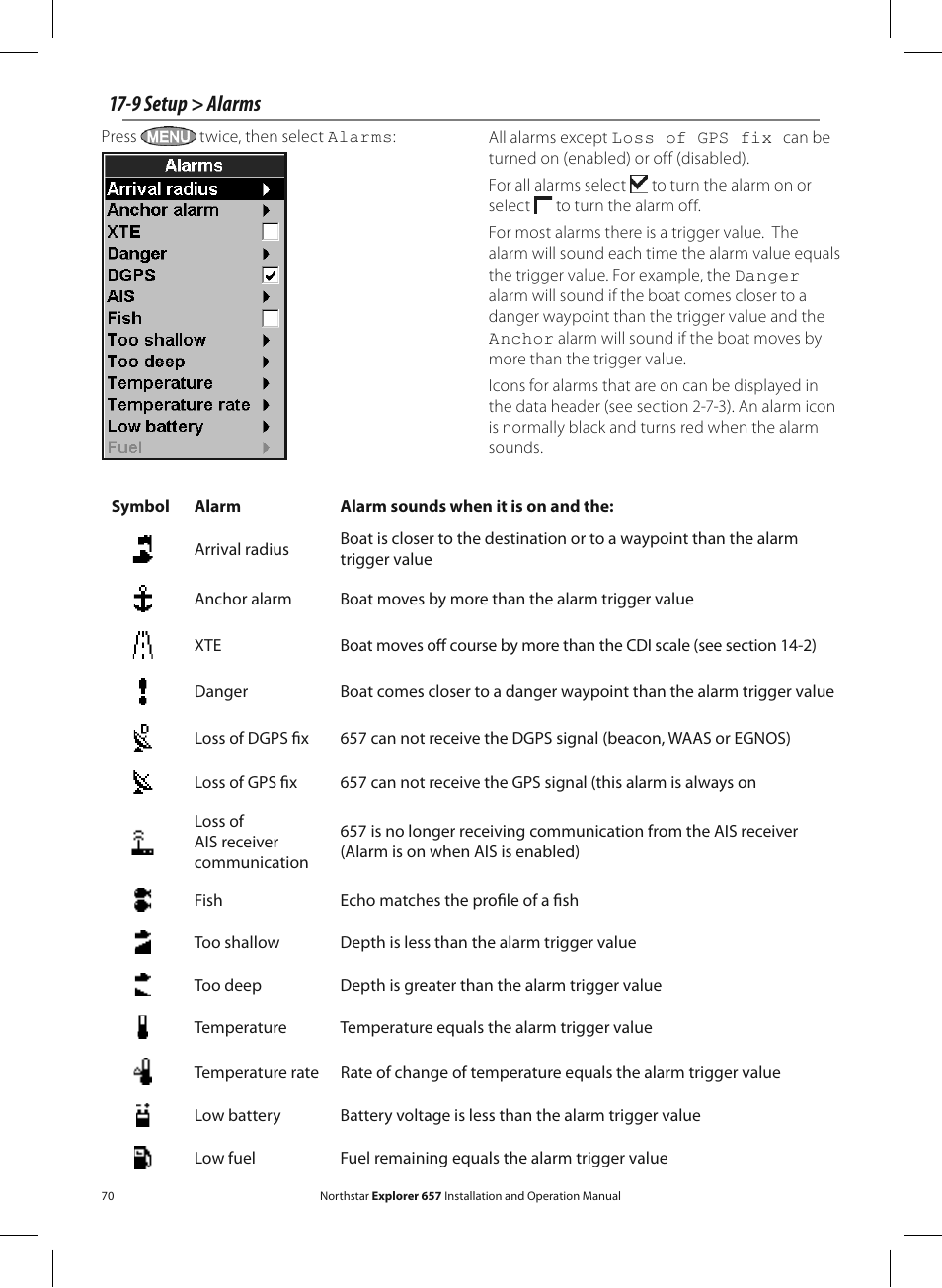 9 setup > alarms | NorthStar Navigation EXPLORER 657 User Manual | Page 70 / 92