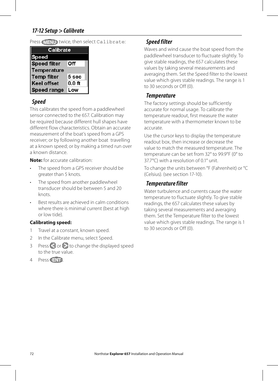 Speed, 12 setup > calibrate speed filter, Temperature | Temperature filter | NorthStar Navigation EXPLORER 657 User Manual | Page 72 / 92