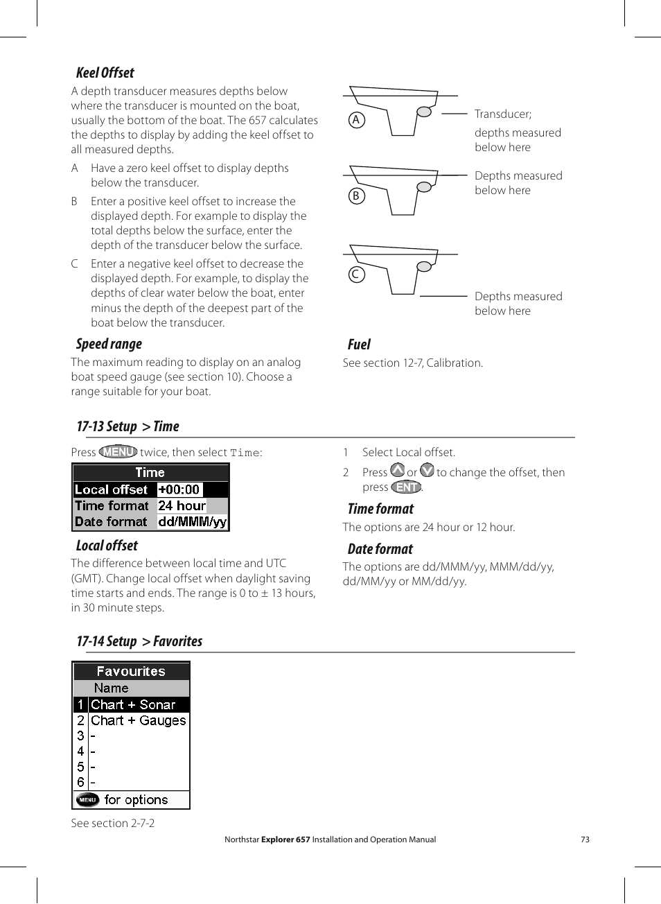 Keel offset, Speed range, Local offset | 13 setup > time, Time format, Date format, 14 setup > favorites fuel | NorthStar Navigation EXPLORER 657 User Manual | Page 73 / 92