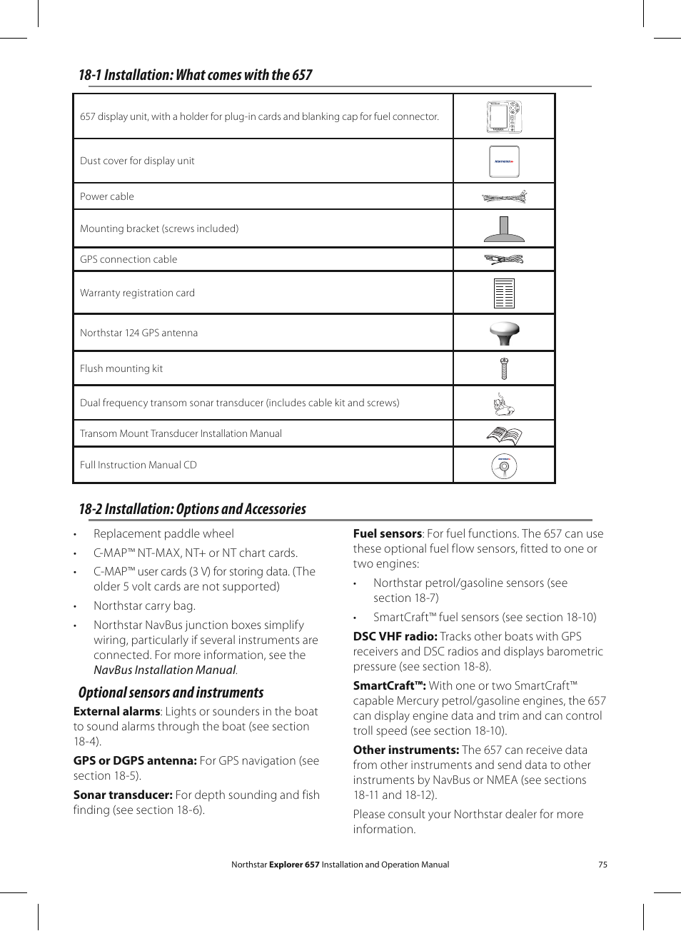 1 installation: what comes with the 657, Optional sensors and instruments, 2 installation: options and accessories | NorthStar Navigation EXPLORER 657 User Manual | Page 75 / 92