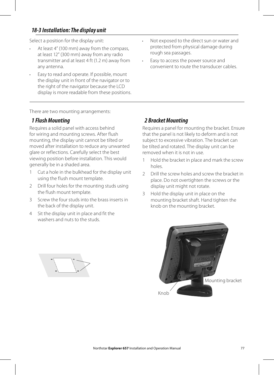3 installation: the display unit, 1 flush mounting, 2 bracket mounting | NorthStar Navigation EXPLORER 657 User Manual | Page 77 / 92