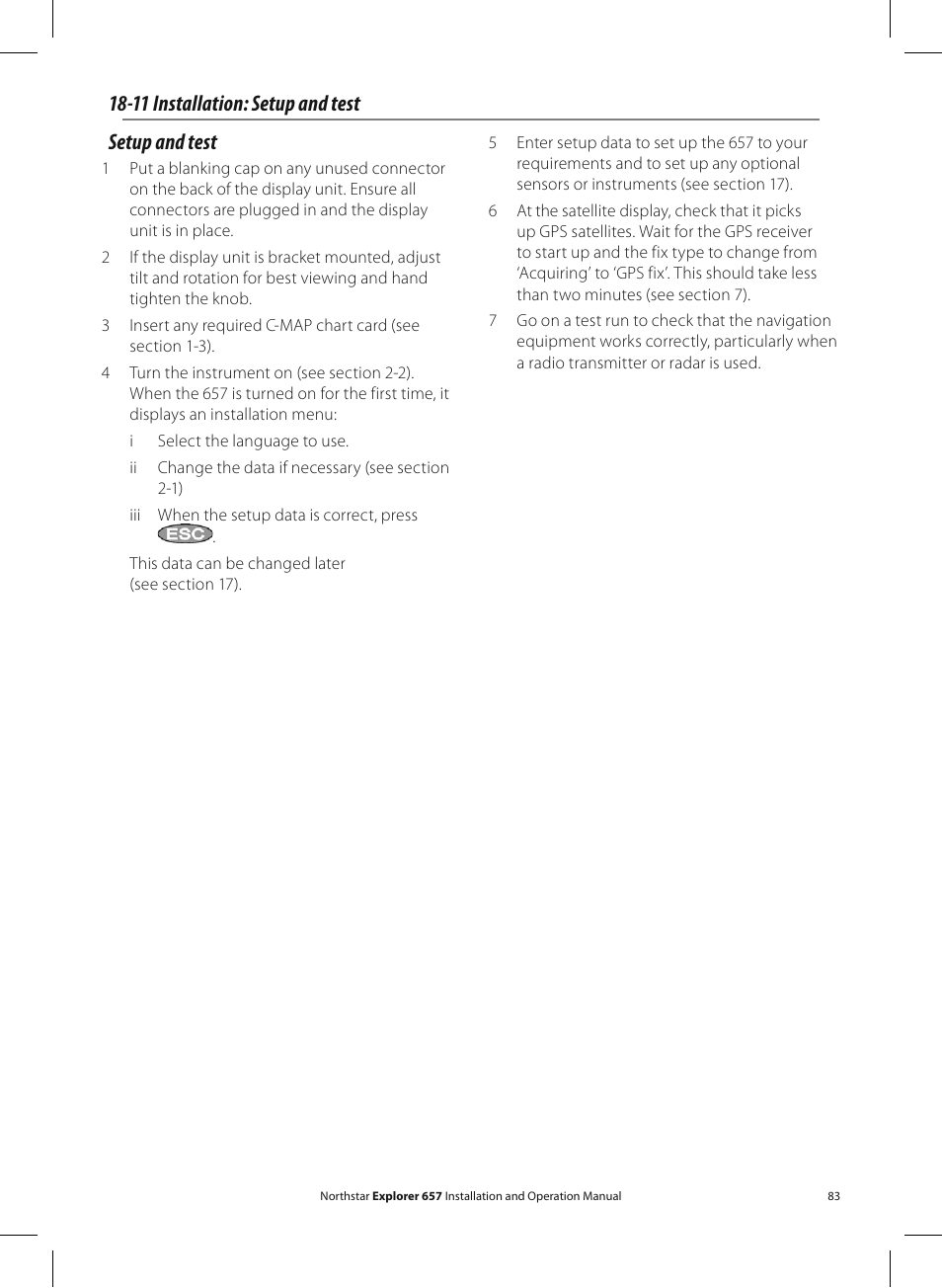 Setup and test, 11 installation: setup and test | NorthStar Navigation EXPLORER 657 User Manual | Page 83 / 92