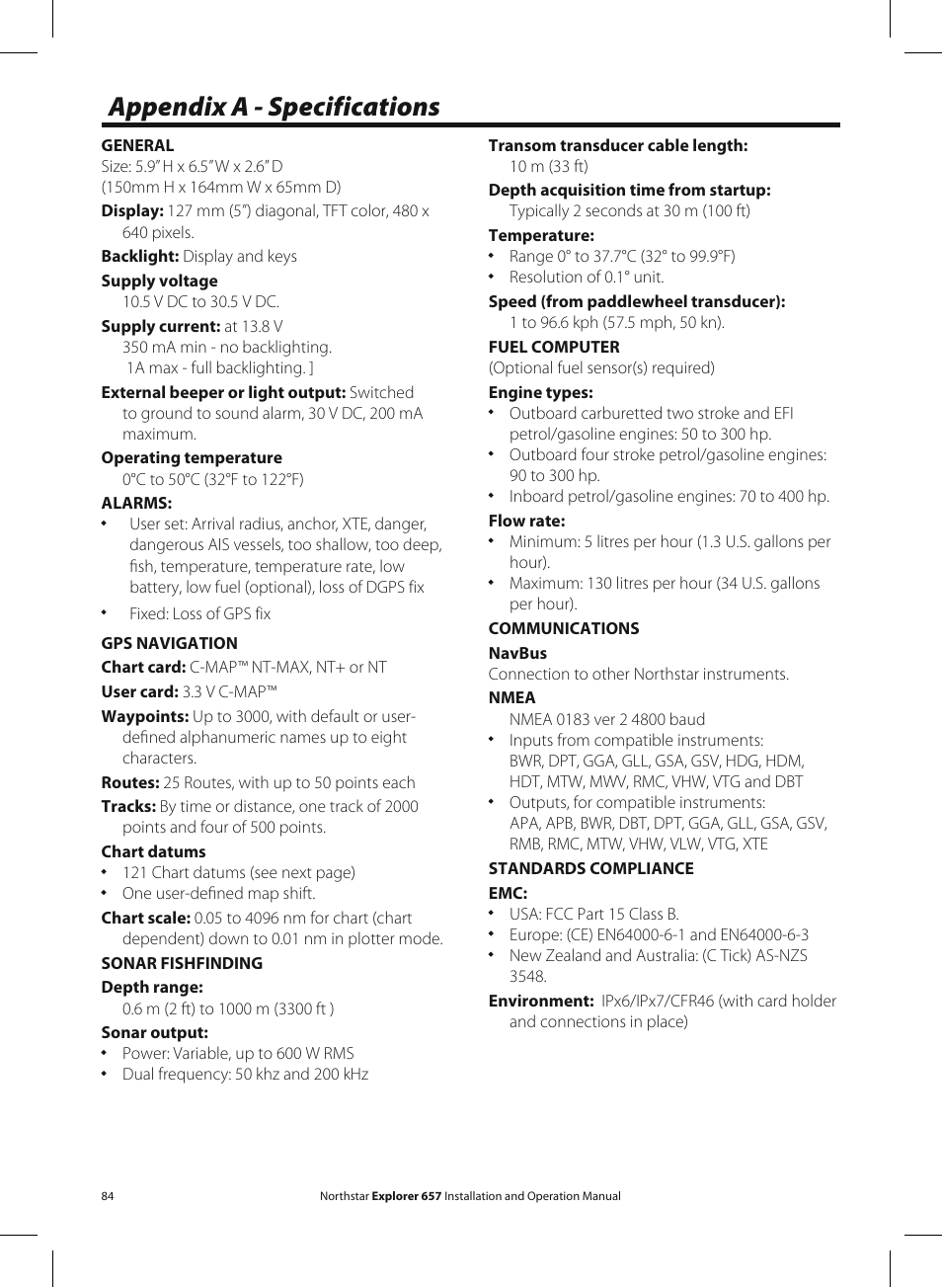 Appendix a - specifications | NorthStar Navigation EXPLORER 657 User Manual | Page 84 / 92