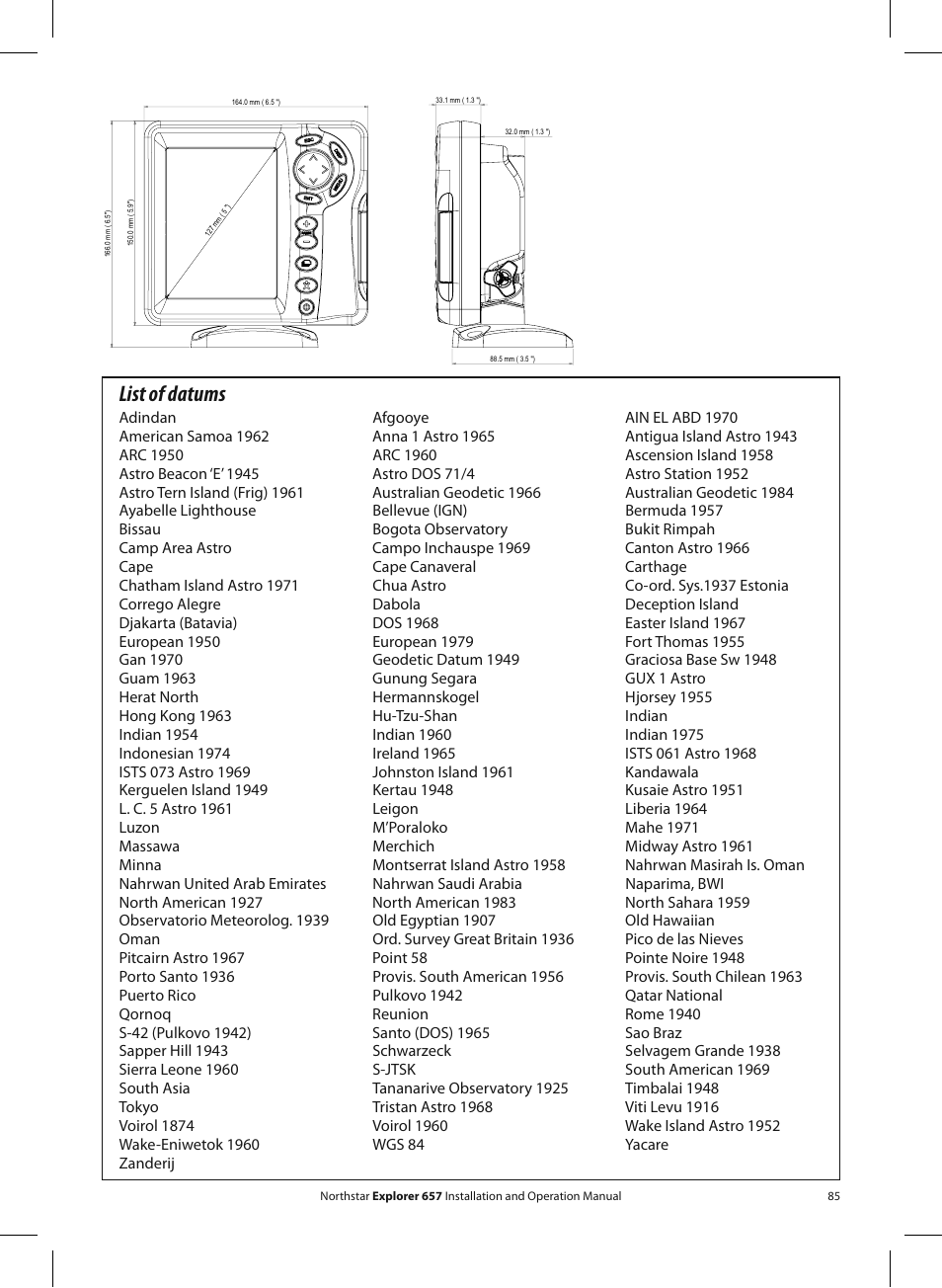 List of datums | NorthStar Navigation EXPLORER 657 User Manual | Page 85 / 92