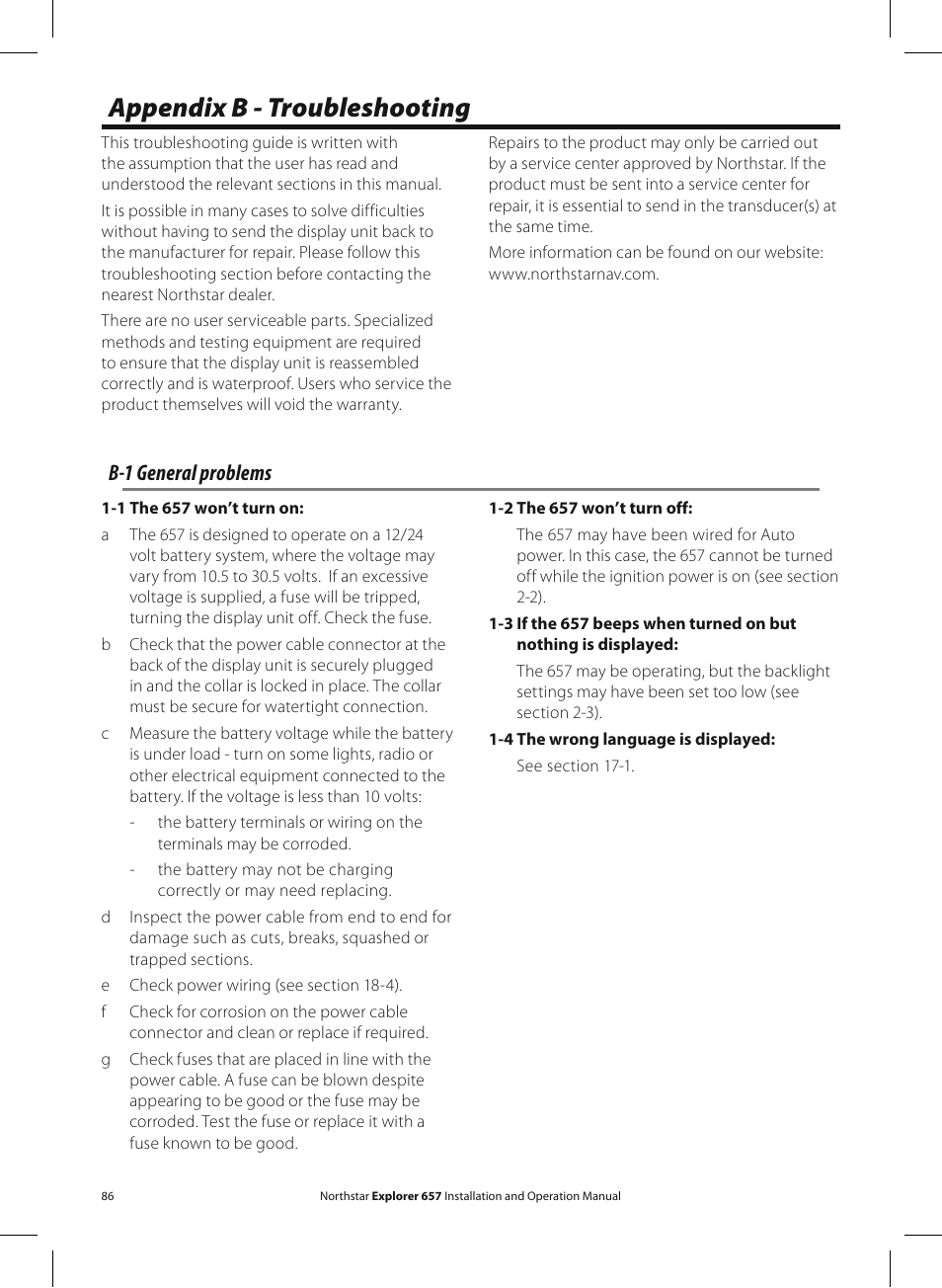 Appendix b - troubleshooting, B-1 general problems | NorthStar Navigation EXPLORER 657 User Manual | Page 86 / 92