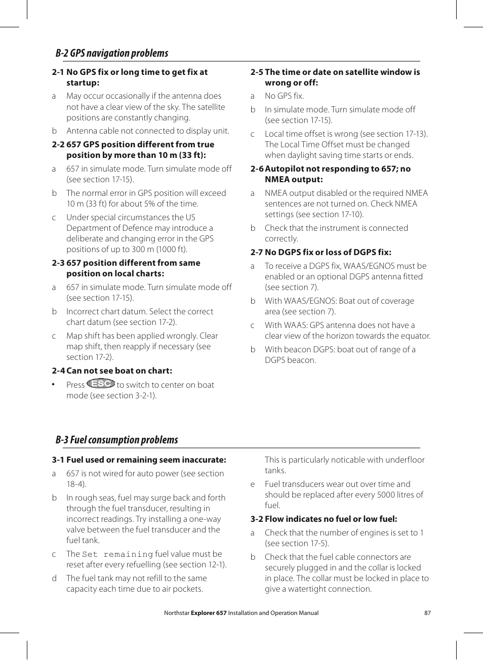 B-2 gps navigation problems, B-3 fuel consumption problems | NorthStar Navigation EXPLORER 657 User Manual | Page 87 / 92