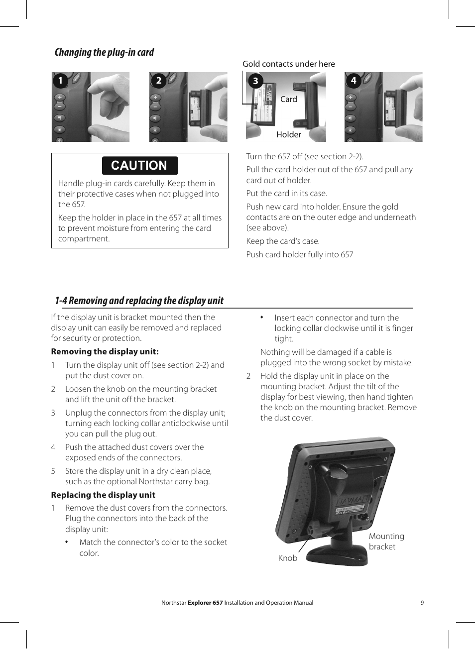 Caution, Changing the plug-in card, 4 removing and replacing the display unit | NorthStar Navigation EXPLORER 657 User Manual | Page 9 / 92