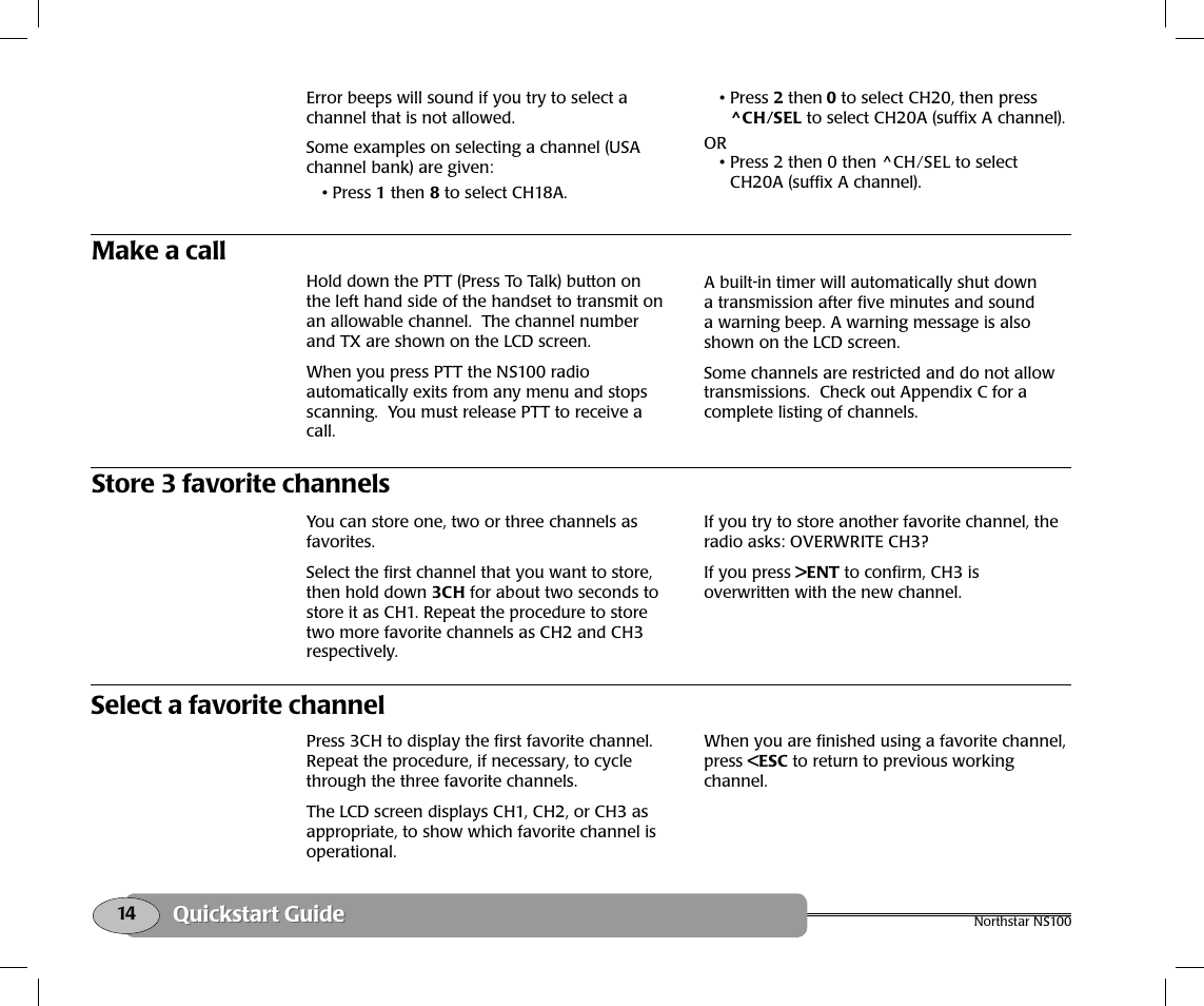 Make a call, Store 3 favorite channels, Select a favorite channel | NorthStar Navigation Northstar NS100 User Manual | Page 15 / 74