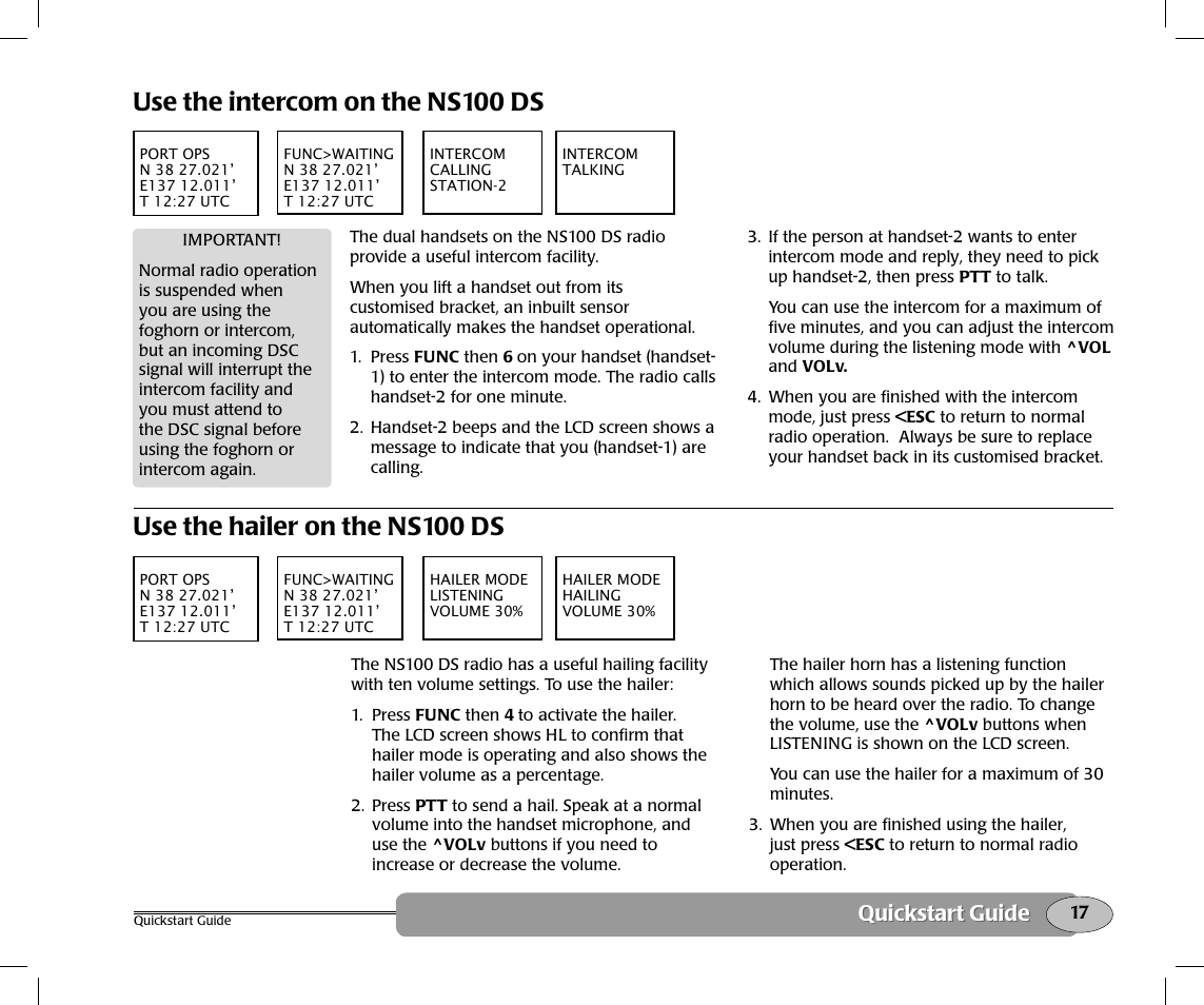 Use the intercom on the ns100 ds, Use the hailer on the ns100 ds, Quickstart guide | NorthStar Navigation Northstar NS100 User Manual | Page 18 / 74