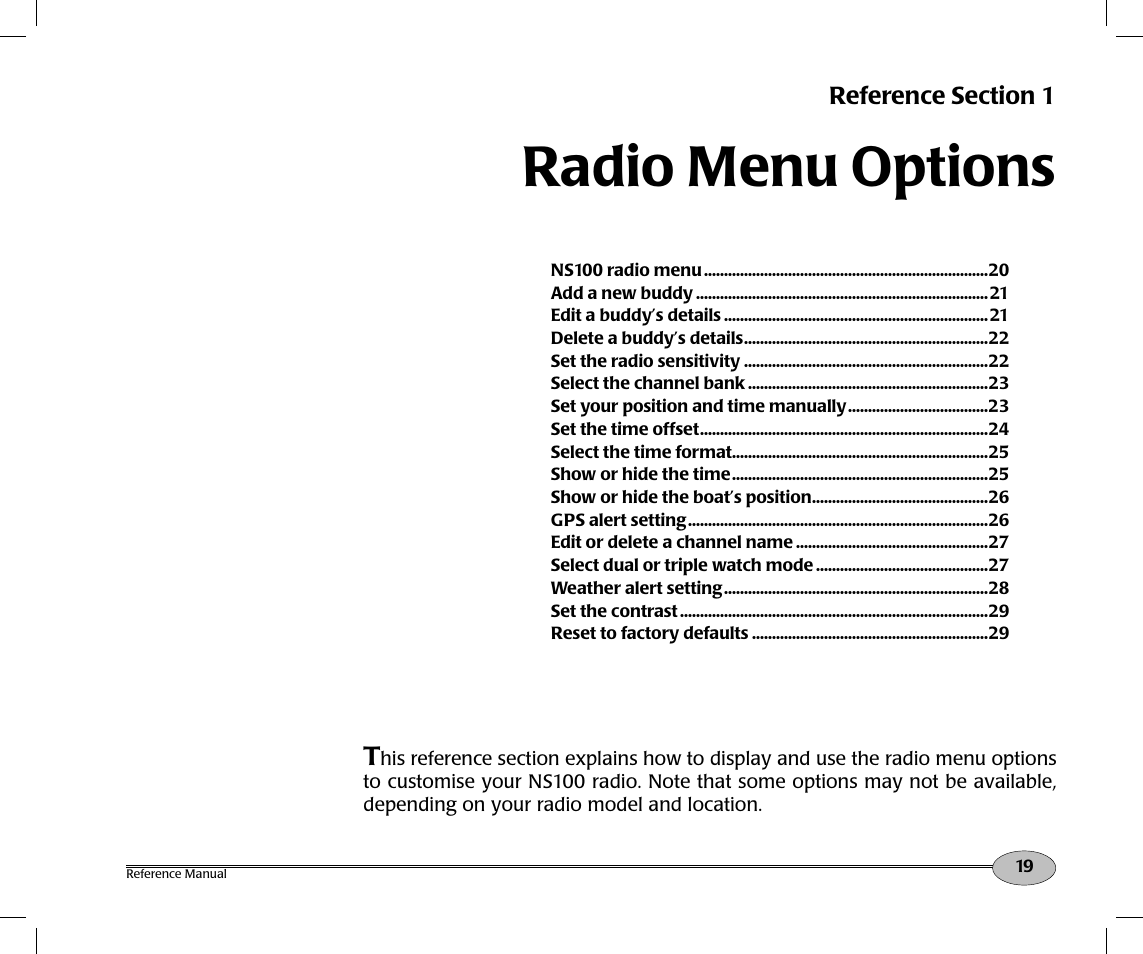 Radio menu options | NorthStar Navigation Northstar NS100 User Manual | Page 20 / 74