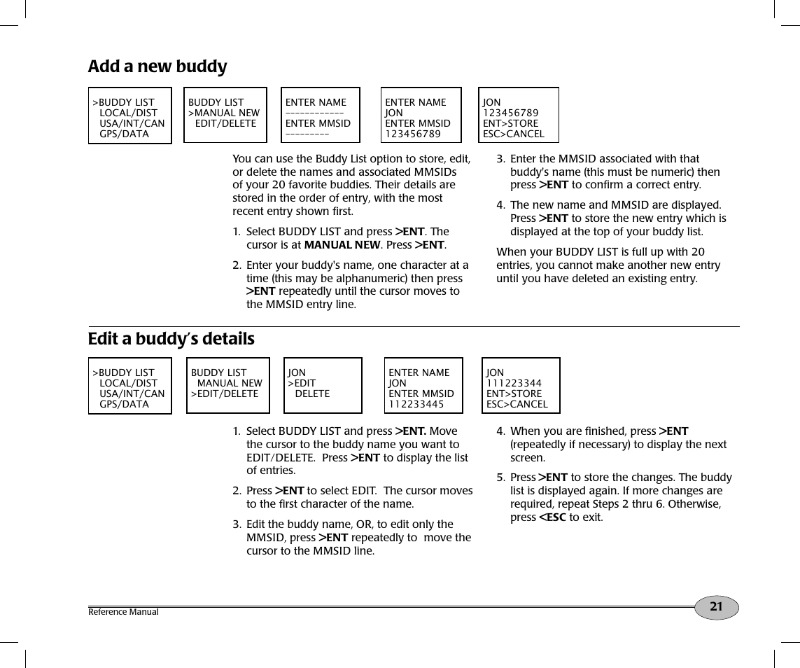 Add a new buddy, Edit a buddy’s details | NorthStar Navigation Northstar NS100 User Manual | Page 22 / 74