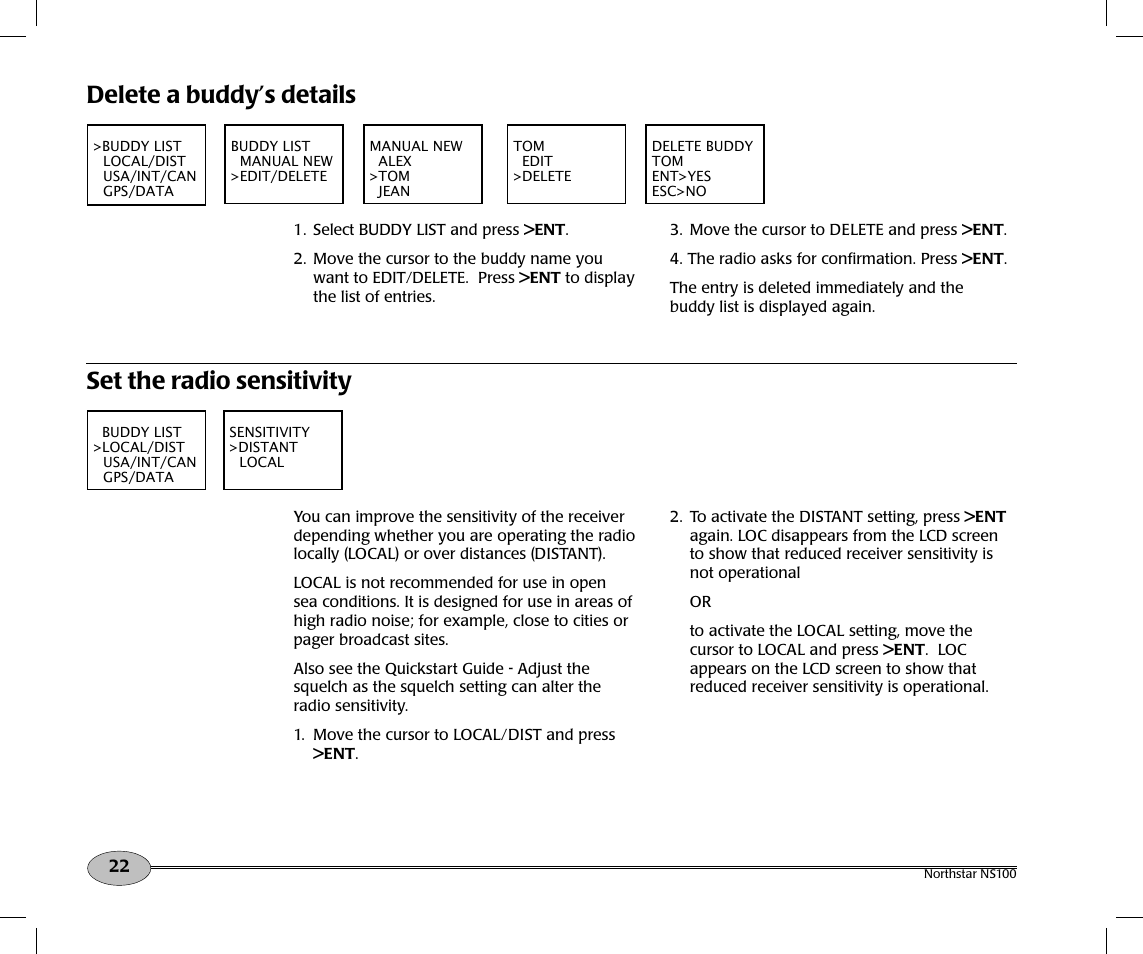 Delete a buddy’s details, Set the radio sensitivity | NorthStar Navigation Northstar NS100 User Manual | Page 23 / 74