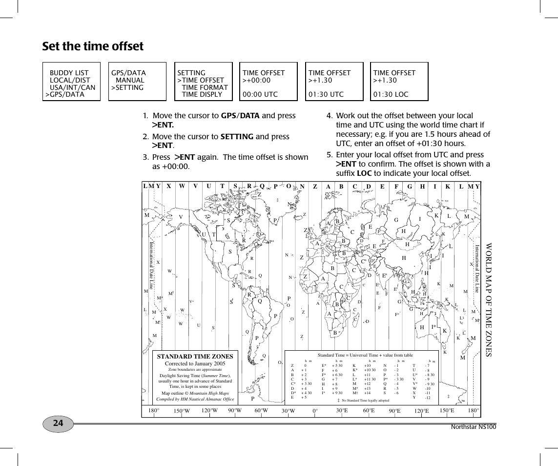 Set the time offset, World m ap of time zones | NorthStar Navigation Northstar NS100 User Manual | Page 25 / 74