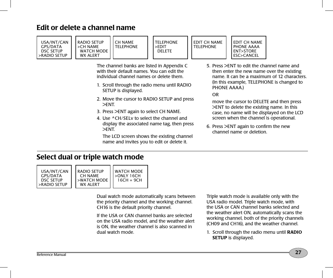 Edit or delete a channel name, Select dual or triple watch mode | NorthStar Navigation Northstar NS100 User Manual | Page 28 / 74